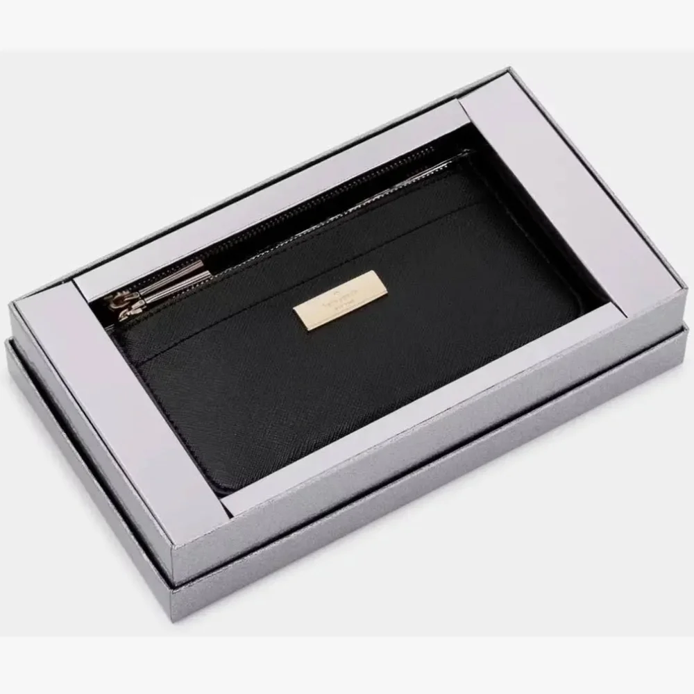Kate Spade Kenzie Large Slim Cardholder Boxed New Black Saffiano Gold Trim Gift